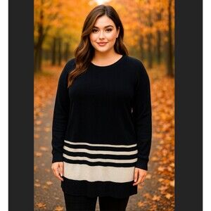 Daisy Fuentes Black White Stripe Knit Tunic Sweater XL Long Sleeve Crew Neck EUC